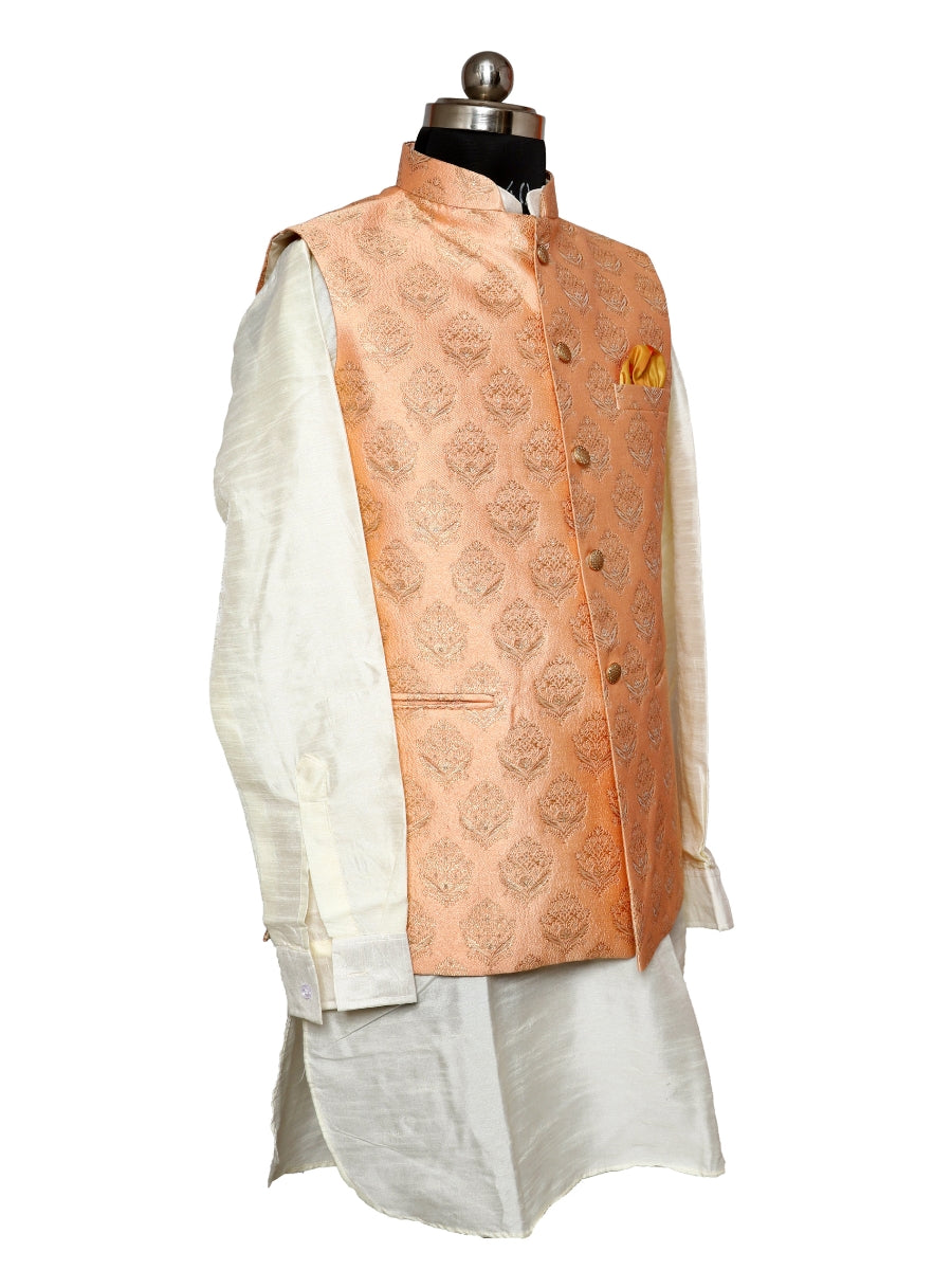 Jacket Kurta Set Banarasi Orange For Men