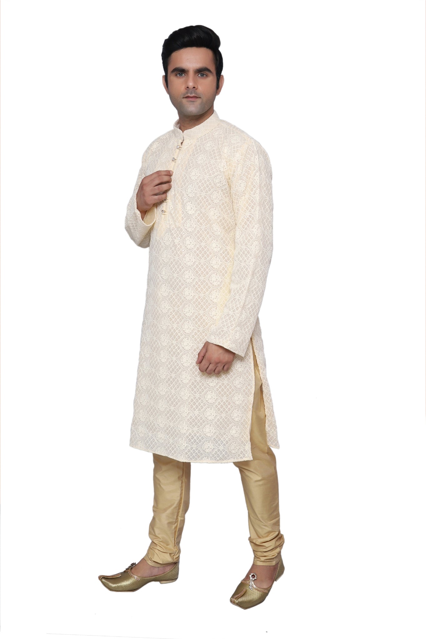 Chikankari Kurta Pajama Beige For Men