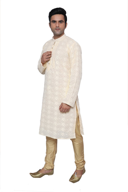 Chikankari Kurta Pajama Beige For Men