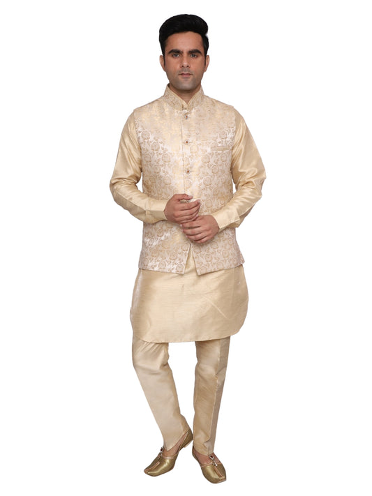 Beige Kurta Pajama With Waistcoat for Men