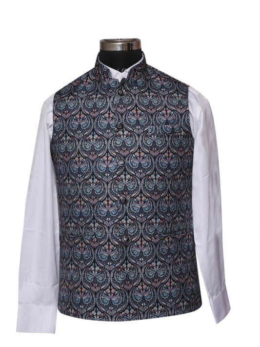 Jacket Kurta Set Banarasi Blue For Men