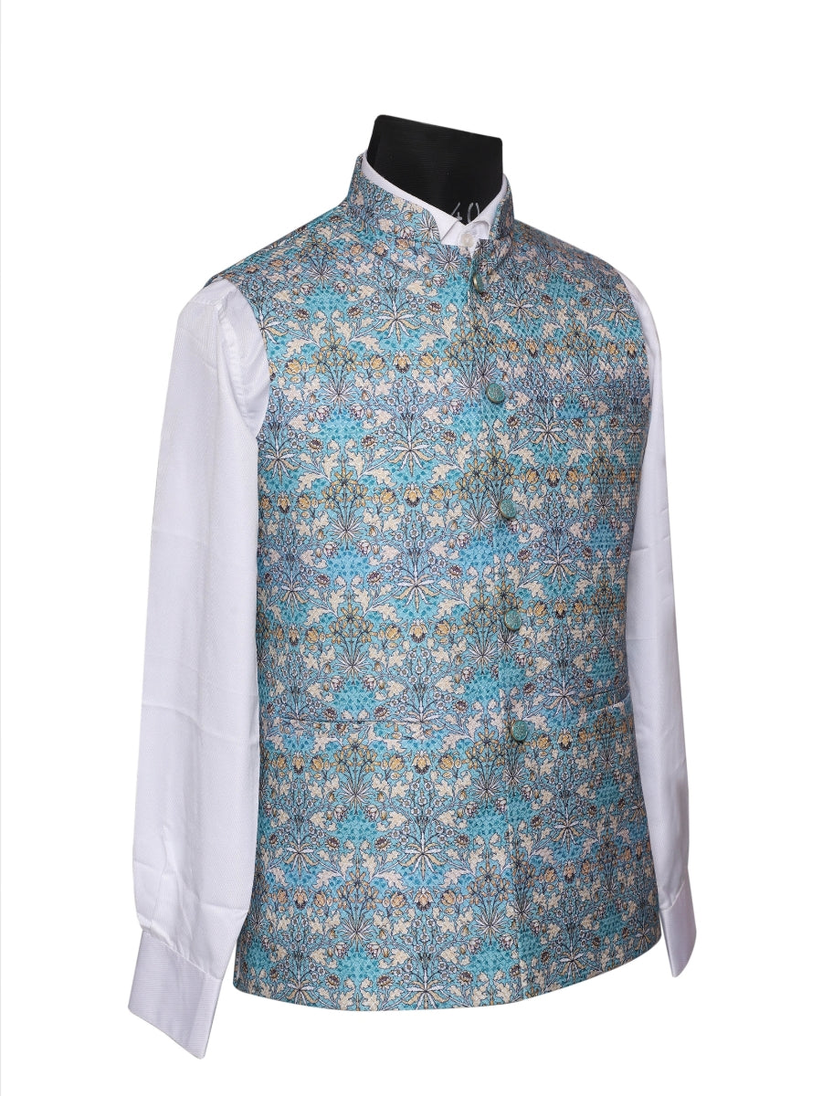 Crochet Printed Sky Blue Jacket Kurta Set Men