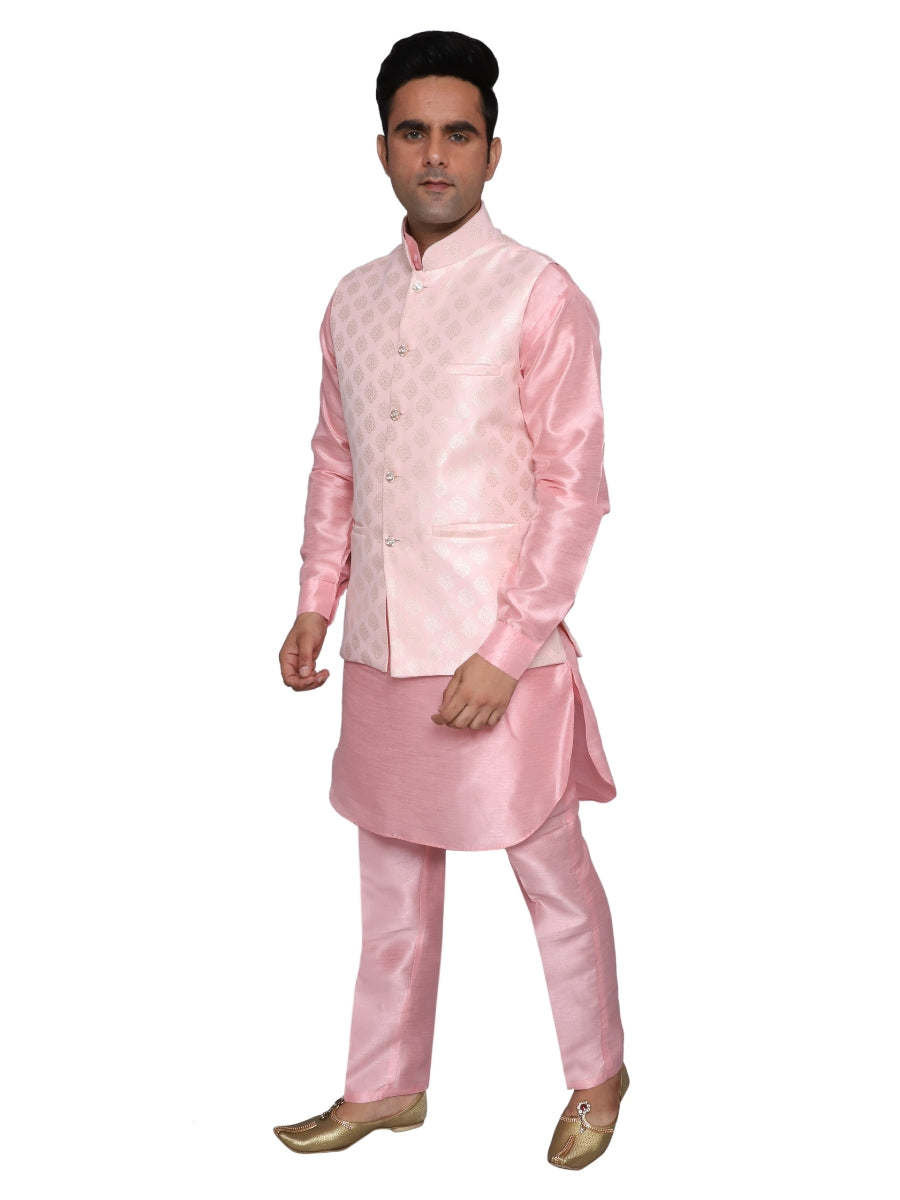 Kurta Pajama With Waistcoat Pink for Men