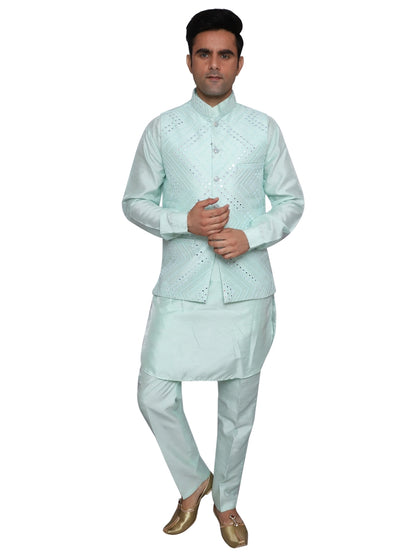 Kurta Pajama With Waistcoat Light Blue for Men