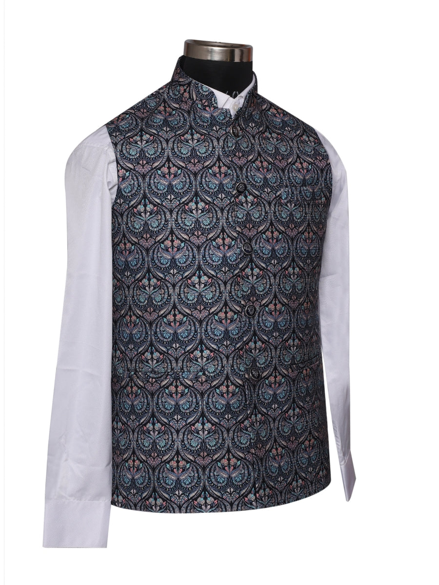 Jacket Kurta Set Banarasi Blue For Men