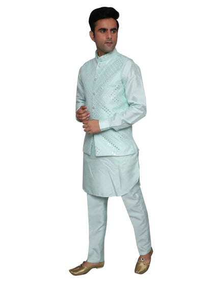 Kurta Pajama With Waistcoat Light Blue for Men