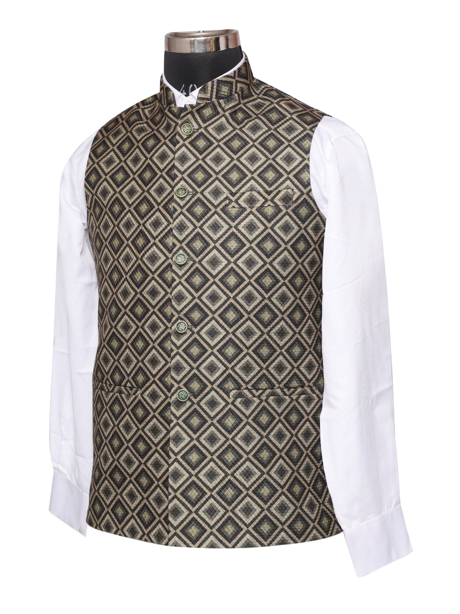 Jacket Kurta Set Banarasi Mehndi Green For Men