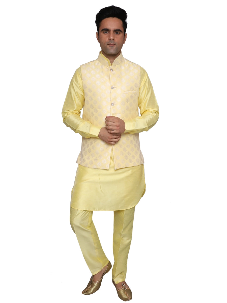 Kurta Pajama With Waistcoat Yellow for Men