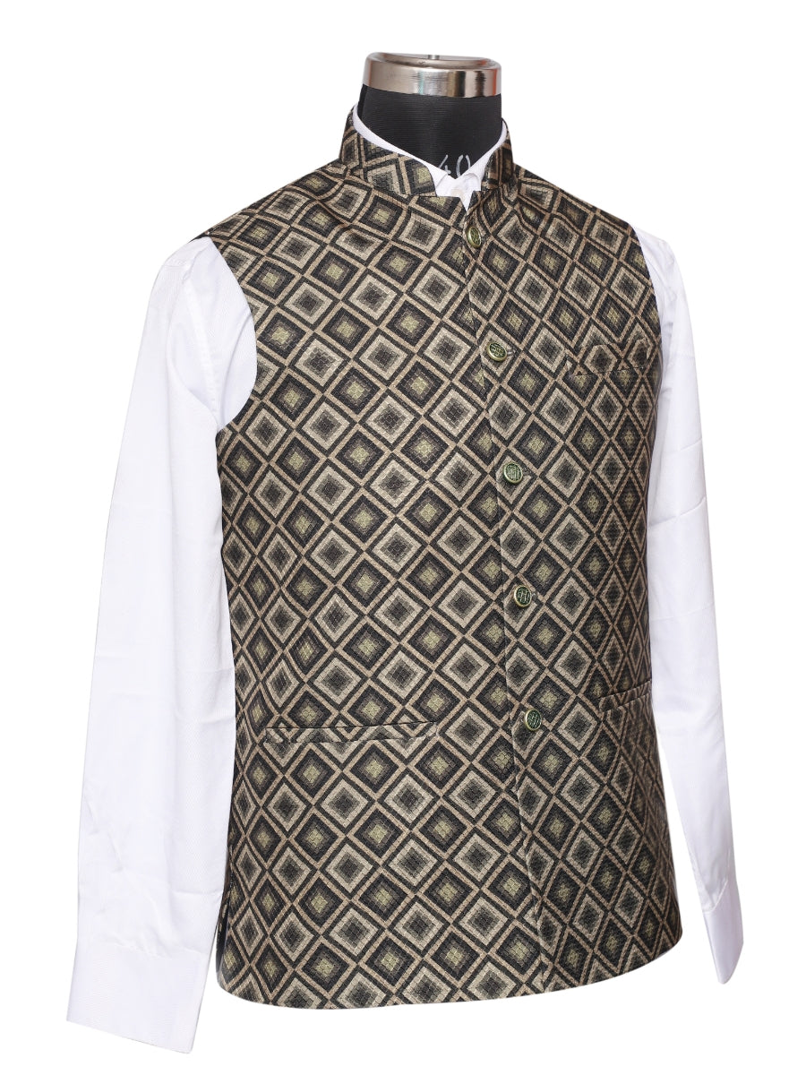 Jacket Kurta Set Banarasi Mehndi Green For Men