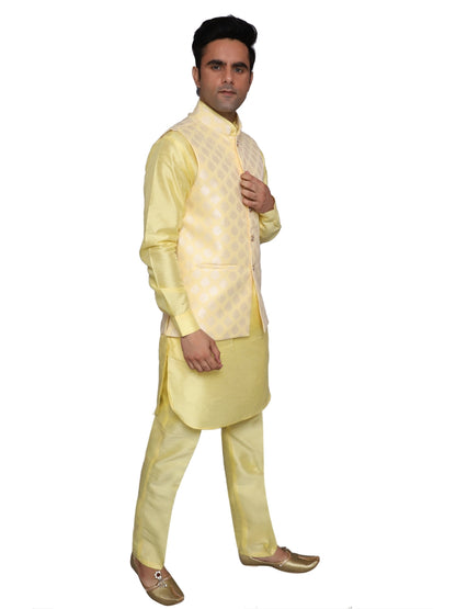 Kurta Pajama With Waistcoat Yellow for Men