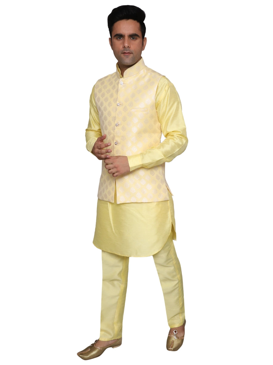 Kurta Pajama With Waistcoat Yellow for Men