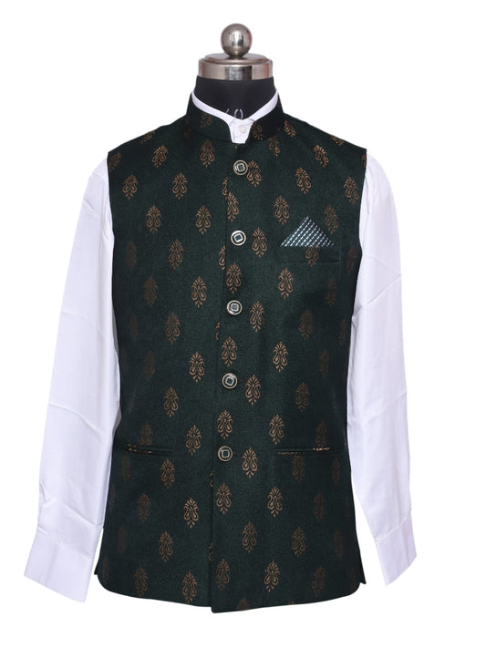 Jacket Kurta Set Banarasi Green For Men