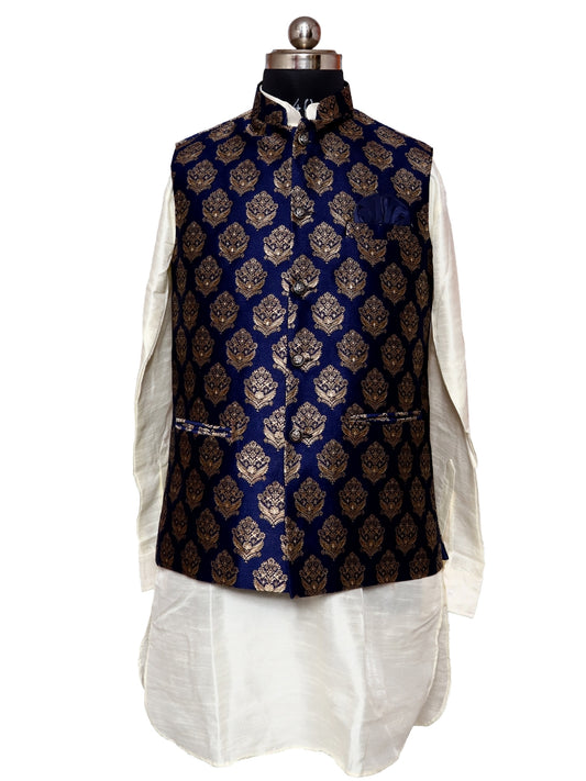 Jacket Kurta Set Banarasi Navy Blue For Men