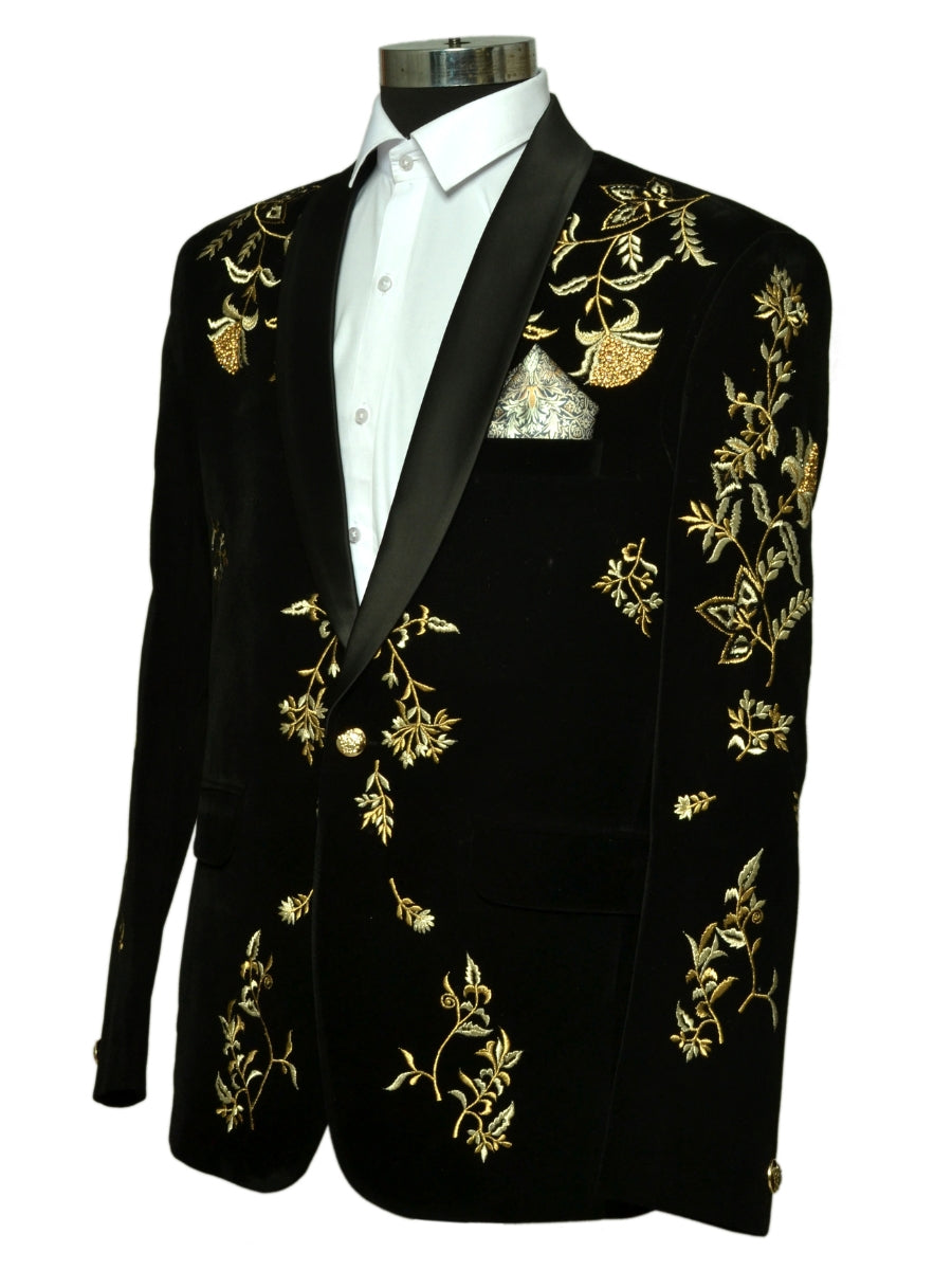 Grace Of Golden Zari And Hand Embroidery Two Piece Suit Black For Men