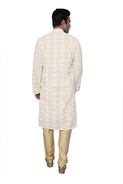 Chikankari Kurta Pajama Beige For Men