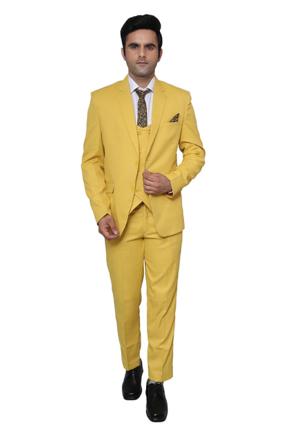 Plain Three Piece Suit Yellow For Men