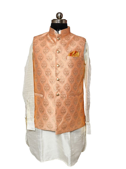 Jacket Kurta Set Banarasi Orange For Men