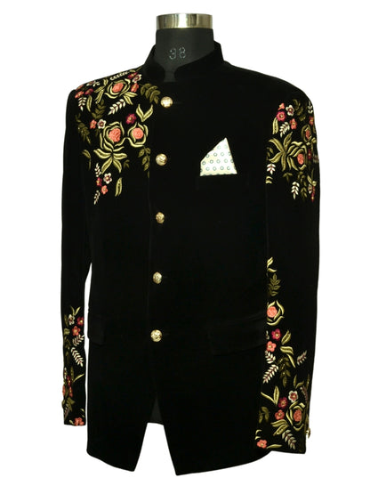 Grace Of Golden Zari And Hand Embroidery Two Piece Suit Black For Men