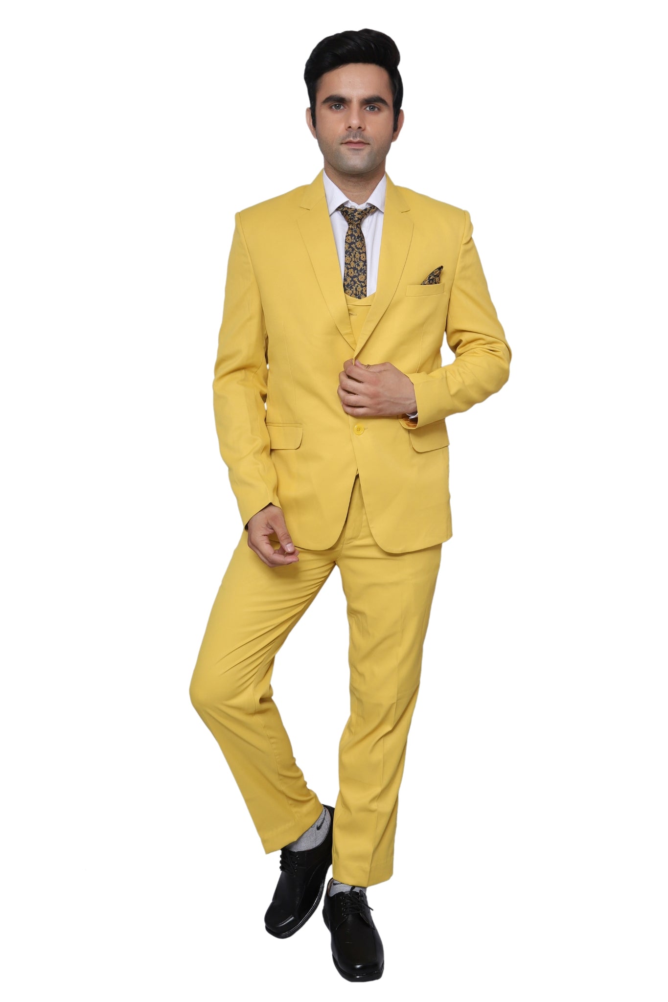 Plain Three Piece Suit Yellow For Men