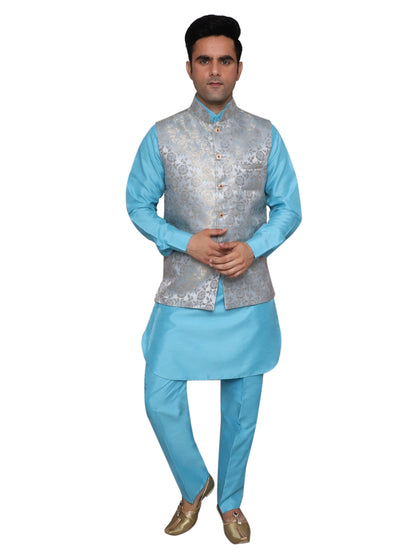 Kurta Pajama With Waistcoat Blue for Men