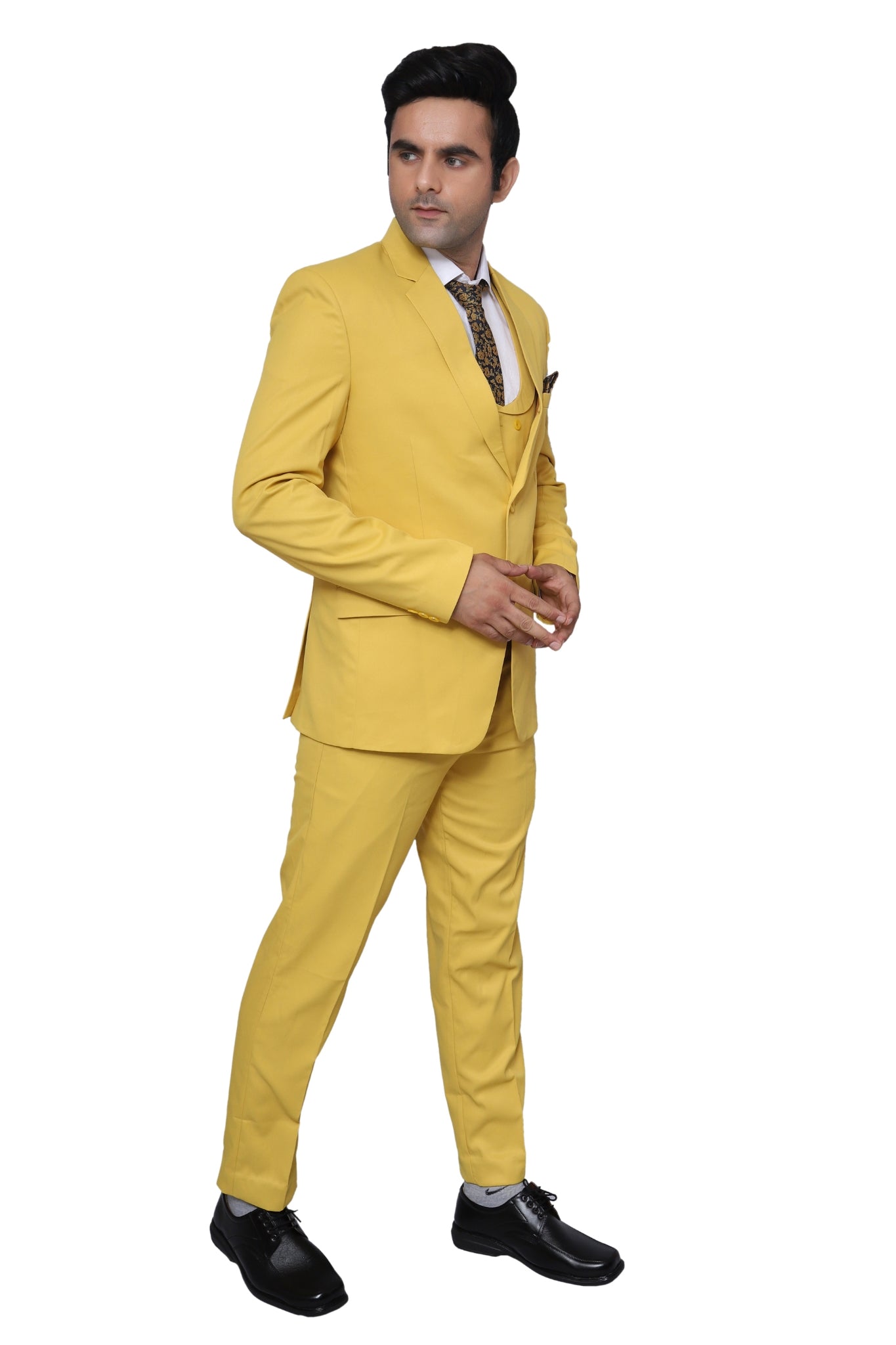 Plain Three Piece Suit Yellow For Men