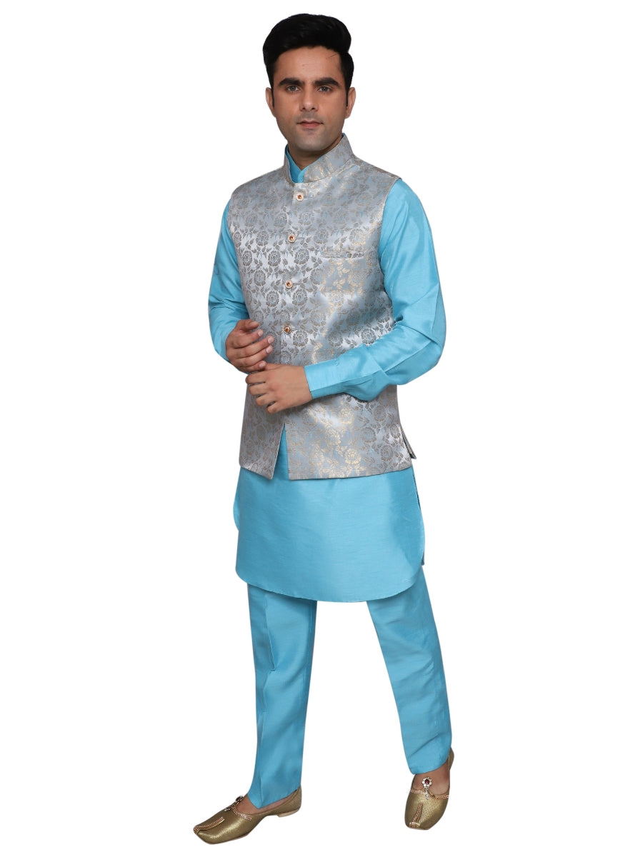 Kurta Pajama With Waistcoat Blue for Men