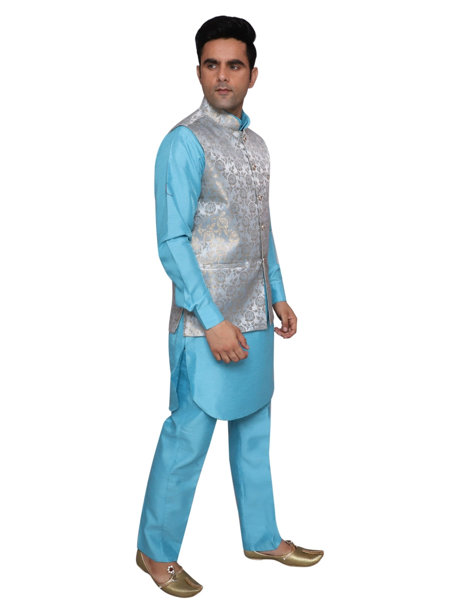 Kurta Pajama With Waistcoat Blue for Men