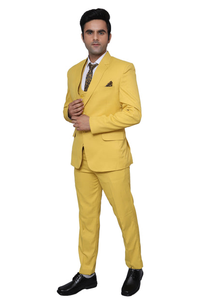 Plain Three Piece Suit Yellow For Men