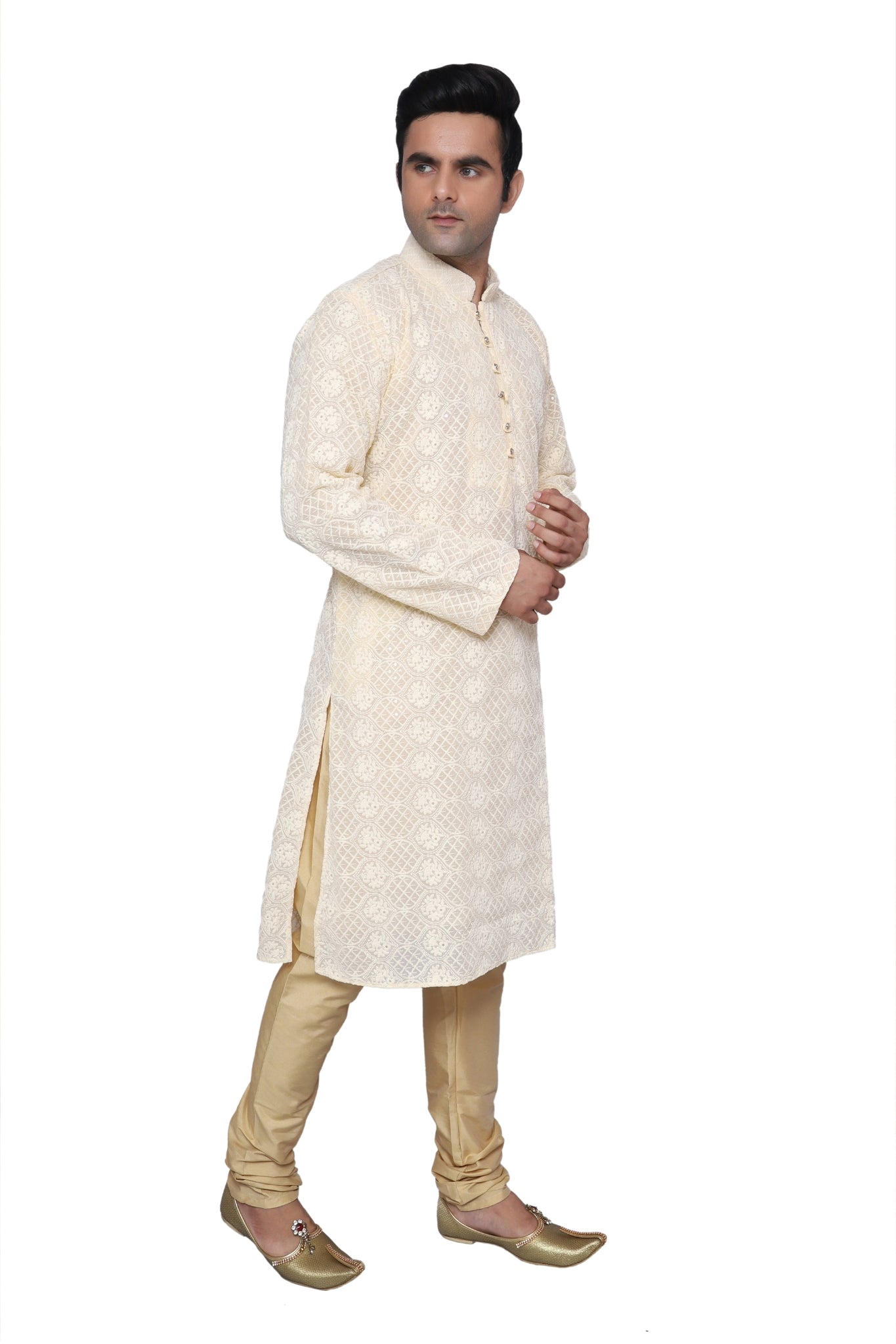 Chikankari Kurta Pajama Beige For Men