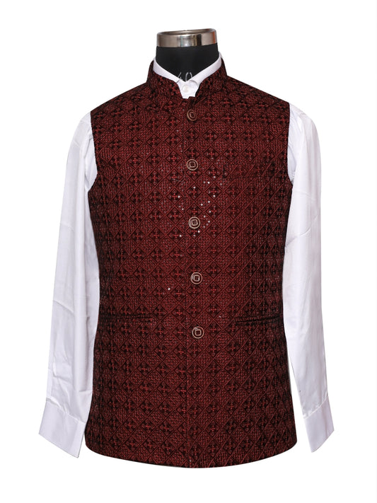 Velvet Sequence Maroon Waistcoat For Men