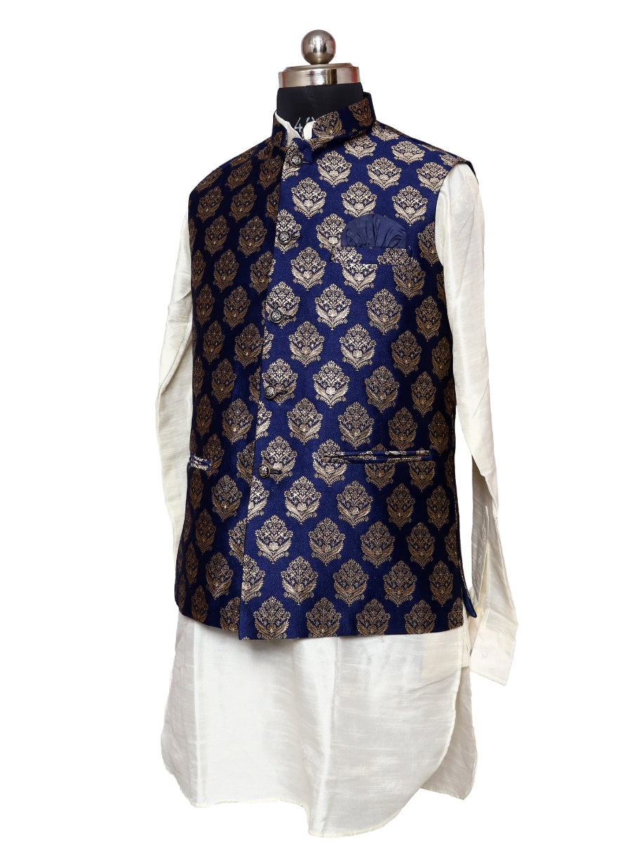 Jacket Kurta Set Banarasi Navy Blue For Men