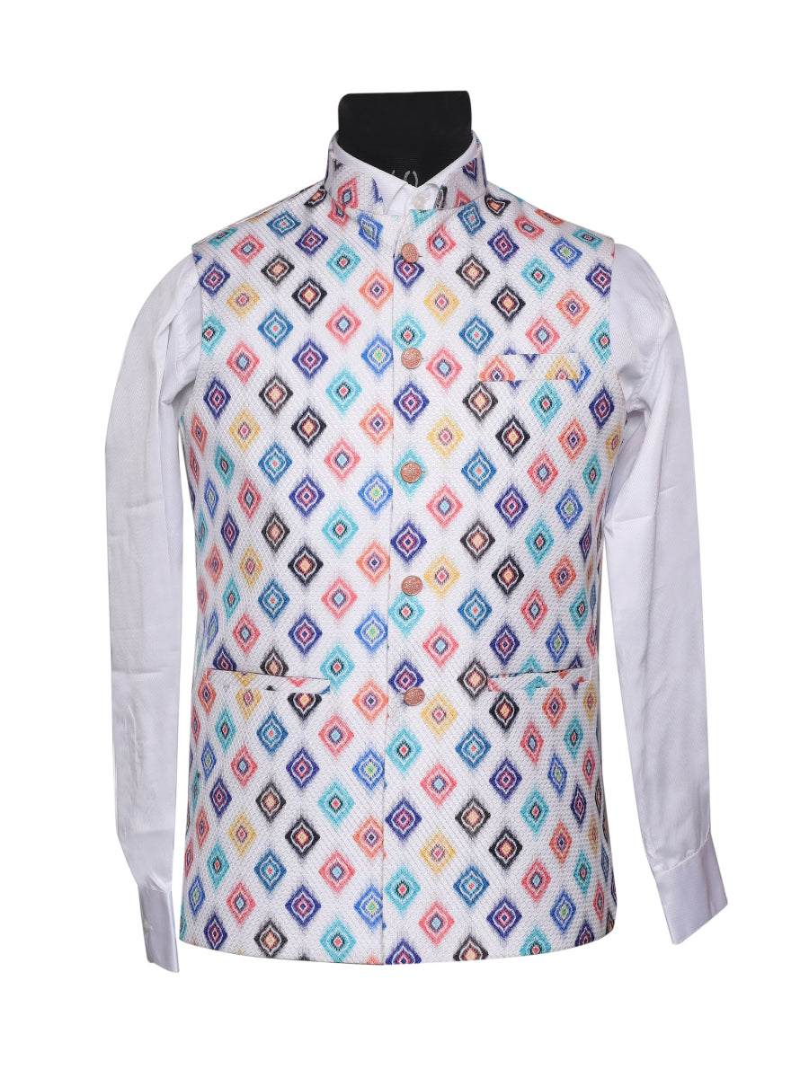 Crochet Printed White Jacket Kurta Set  Men