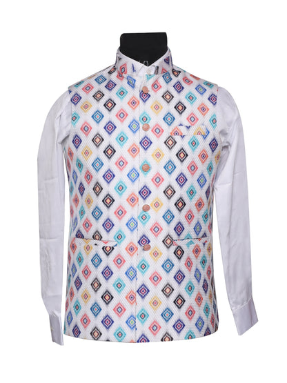 Crochet Printed White Jacket Kurta Set  Men