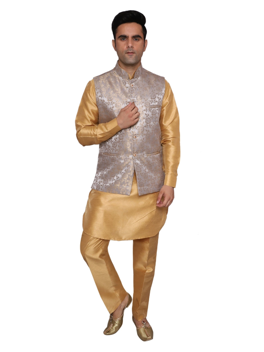 Gold Kurta Pajama With Waistcoat  for Men