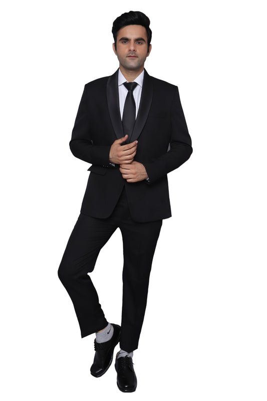 Tuxedo Two Piece Black Textured Formal Suit For Men