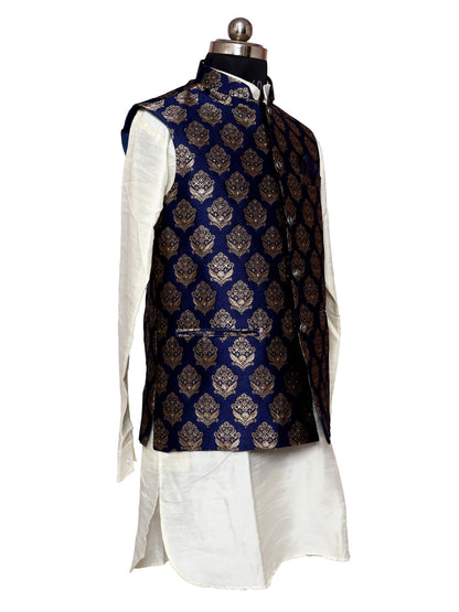 Jacket Kurta Set Banarasi Navy Blue For Men