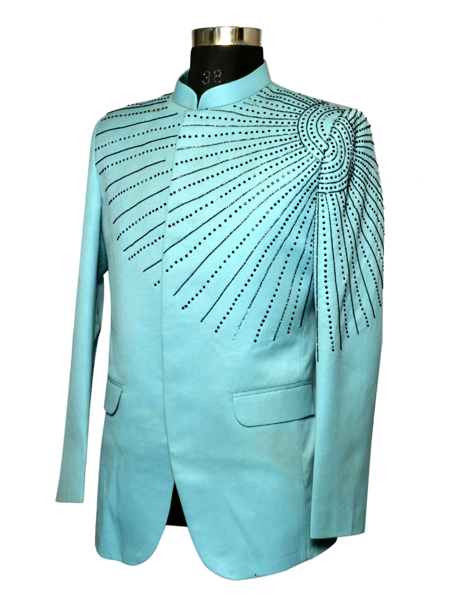 Jodhpuri Suit Light Blue Emboidery Pattern For Men