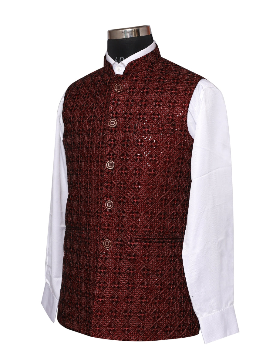 Velvet Sequence Maroon Waistcoat For Men