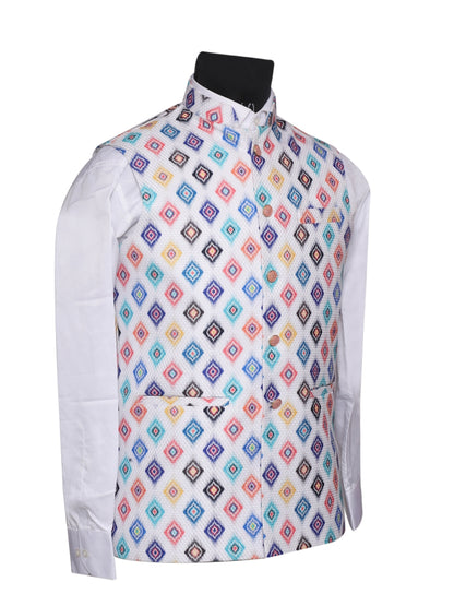 Crochet Printed White Jacket Kurta Set  Men