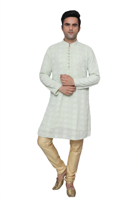 Chikankari Kurta Pajama Green For Men