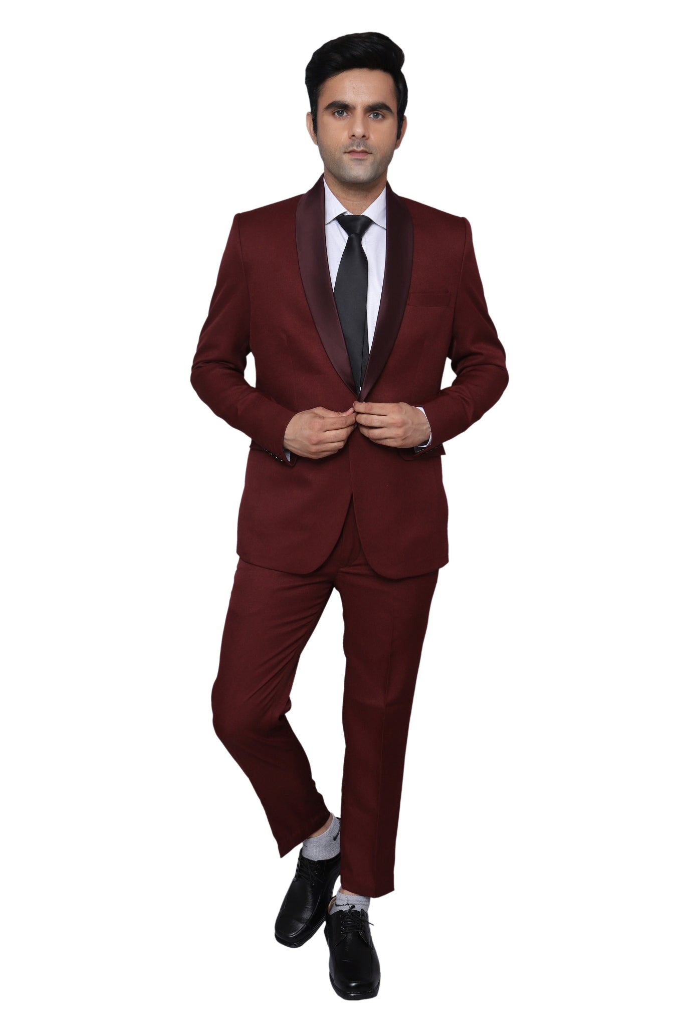 Tuxedo Two Piece Maroon Textured Formal Suit For Men