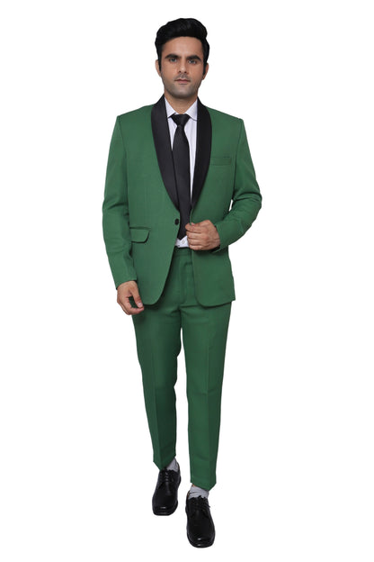 Tuxedo Two Piece Green Textured Formal Suit For Men