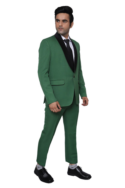 Tuxedo Two Piece Green Textured Formal Suit For Men