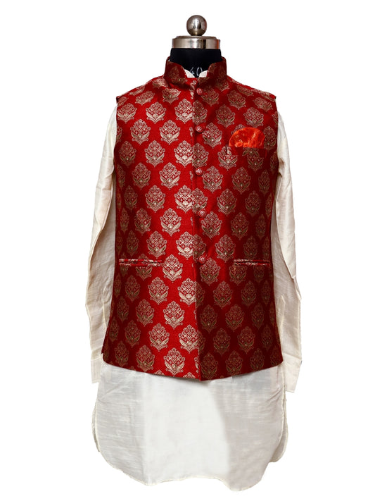 Jacket Kurta Set Banarasi Red For Men