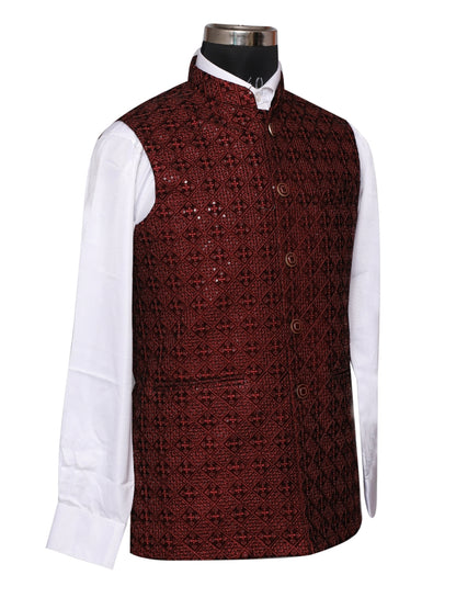 Velvet Sequence Maroon Waistcoat For Men