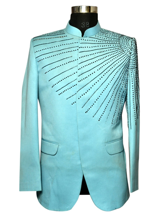 Jodhpuri Suit Light Blue Emboidery Pattern For Men