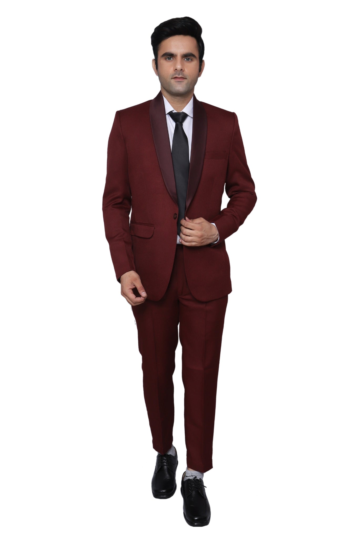 Tuxedo Two Piece Maroon Textured Formal Suit For Men