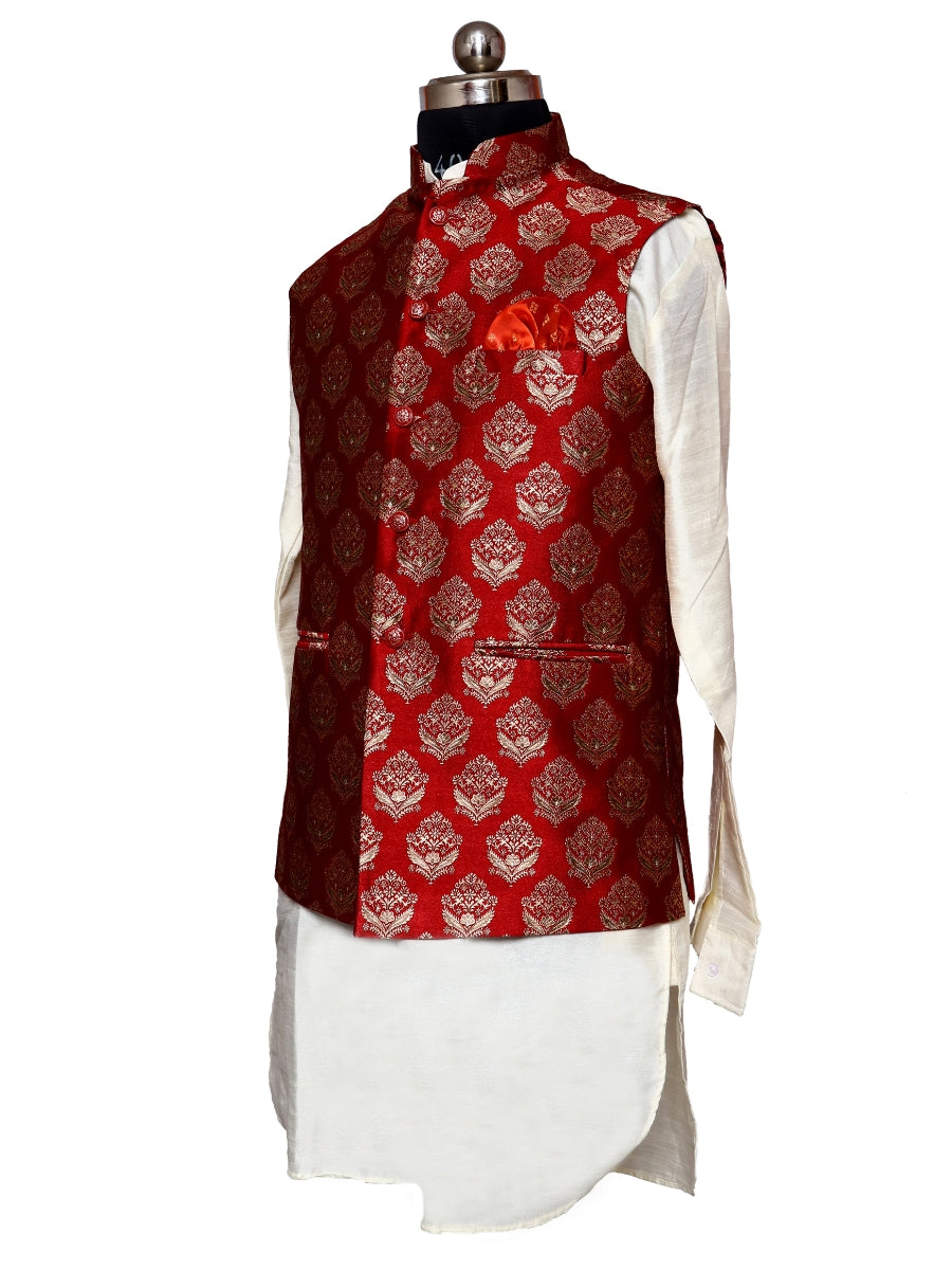 Jacket Kurta Set Banarasi Red For Men