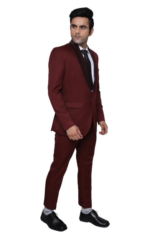 Tuxedo Two Piece Maroon Textured Formal Suit For Men