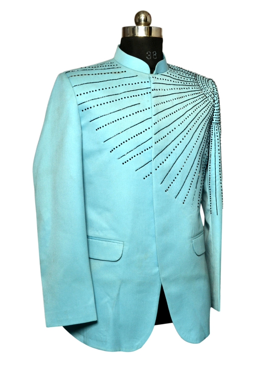 Jodhpuri Suit Light Blue Emboidery Pattern For Men